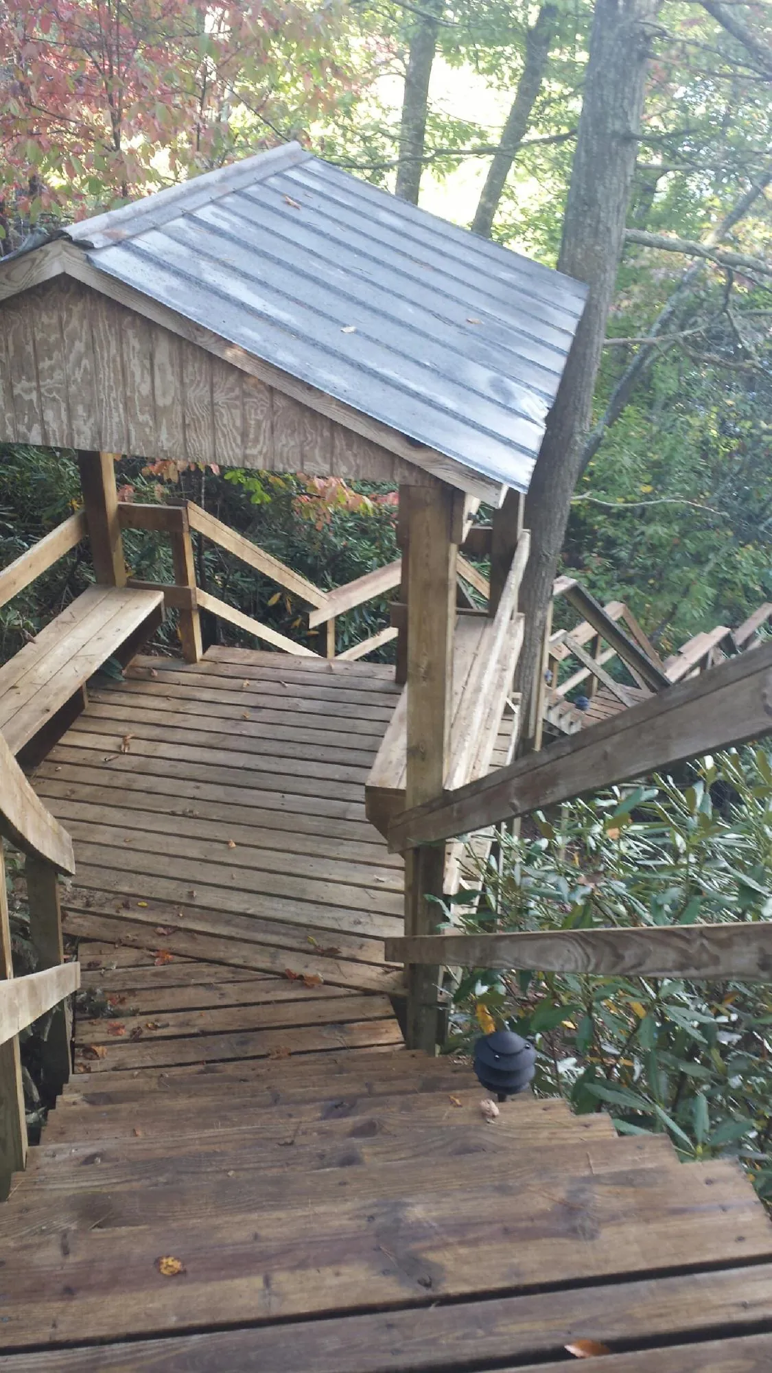 Metal roofed shelter over wooden steps on a wooded walkway — Skylight Repair & Installation work by our crew in Savona